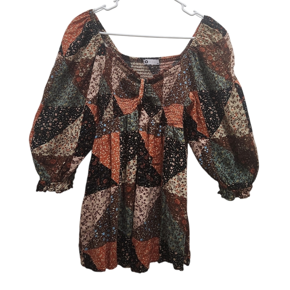 SO Patchwork Peasant Blouse Boho Floral Smocked Milkmaid Festival Top Size L